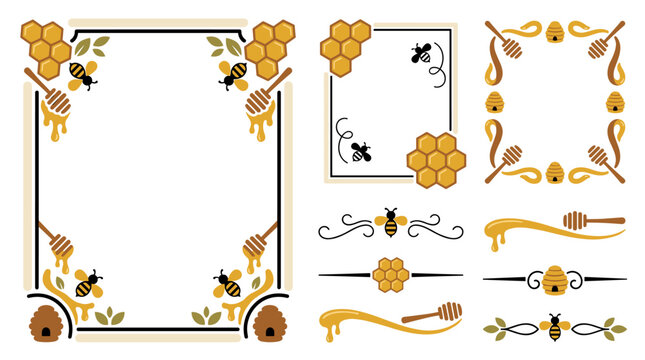 Set of decorative honey themed borders and frames featuring flying bees, honeycomb patterns, and wooden dippers, perfect for invitations or menus
