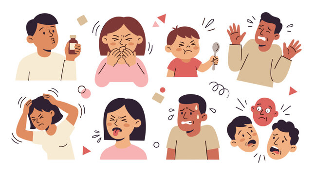 collection of people showing symptoms of illness, sneezing coughing headache fever feeling sick, medical health care awareness, flat style icons
