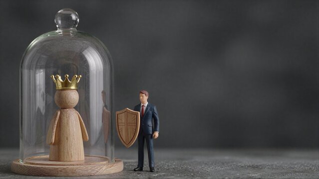 Guardian stands before crowned figure under glass dome, symbolizing protection and authority.