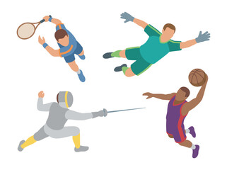 Fototapeta premium Set of top down view vector athletes including tennis player, soccer goalkeeper, fencer, and basketball player, dynamic sports competition poses