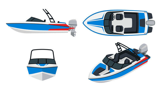 Set of speed boat vector illustrations showing side top front and isometric views of a modern motorcraft for travel and leisure concepts