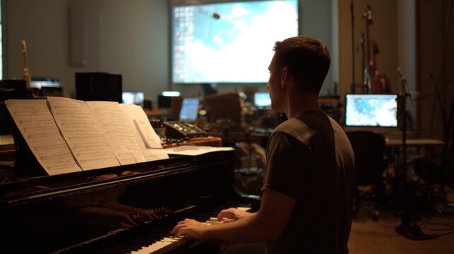 Man playing piano in a recording studio