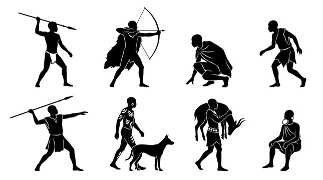Set of silhouettes of African tribal people in various poses with spears and bows, traditional indigenous culture, ancestral history, hunting and