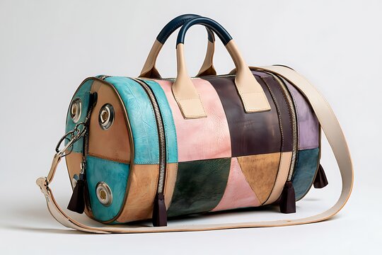 Colorful patchwork leather duffel bag isolated on white background