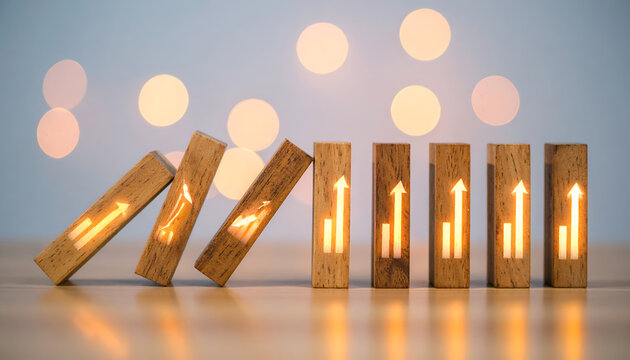 Wooden blocks, each with a glowing upward arrow, cascade. The image suggests financial growth or a rising trend against a blurred light backdrop