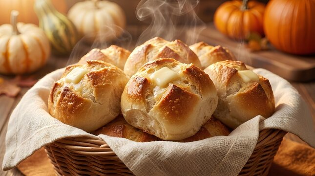 Basket of freshly baked bread rolls with steam and autumn pumpkins in background.