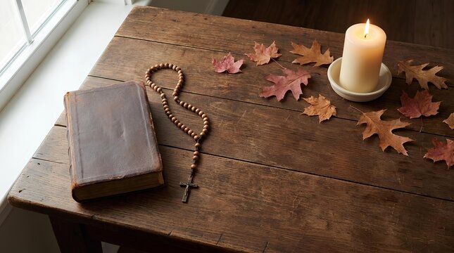 Bible, rosary, and candle on rustic wooden table with leaves.