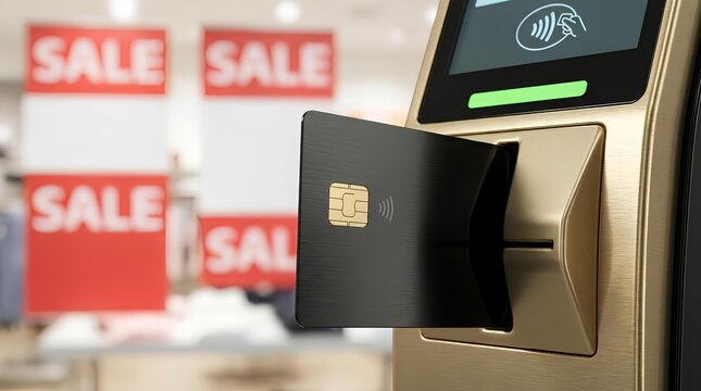 Black credit card inserted into payment terminal with blurry retail sale signs.