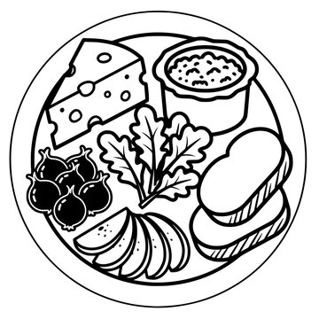 Black silhouette of a plate with cheese, bread, greens, fruit, and bowl, bold vector design symbolizing balanced meal, nutrition, and culinary culture.