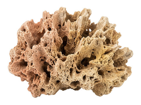 Nat&uuml;rlicher por&ouml;ser Kalkstein oder getrocknetes Korallenskelett isoliert auf wei&szlig;em Hintergrund, ideal f&uuml;r Aquarien und Terrarien.