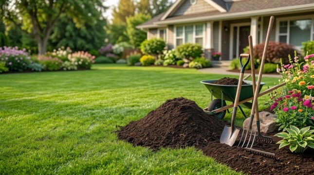 Organic mulch soil pile next to wheelbarrow shovel and rake on green lawn near vibrant flower garden bed in front of house.