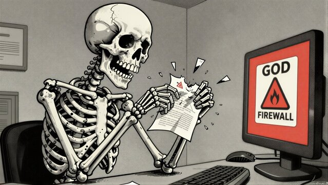 Skeleton holding a newspaper with a firewall graphic