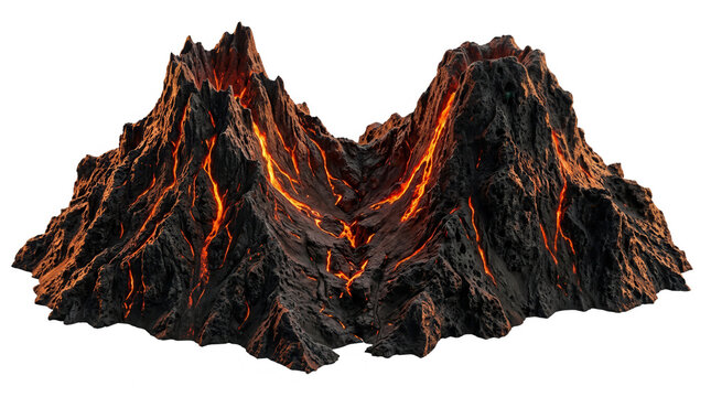 Ein detailliertes 3D-Modell eines aktiven Vulkans mit flie&szlig;ender Lava und zerkl&uuml;fteten, dunklen Felsformationen, isoliert auf einem rein wei&szlig;en Hintergrund f&uuml;r einfache grafische Bearbeitung.