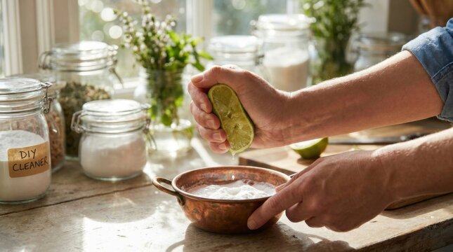 Hands Squeezing Fresh Lime into Copper Bowl for DIY Natural Cleaning Recipe