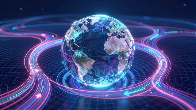 Futuristic globe surrounded by glowing data streams and digital wave patterns.