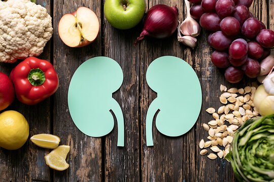 Healthy food for kidney diet with fresh fruits, vegetables, and paper kidney silhouettes on rustic wooden table