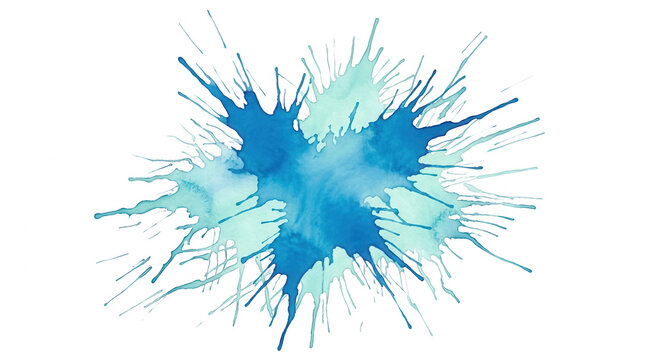 Ein dynamischer Aquarell-Farbspritzer in verschiedenen Blau- und T&uuml;rkist&ouml;nen, der eine k&uuml;nstlerische und lebendige Textur auf wei&szlig;em Hintergrund erzeugt.