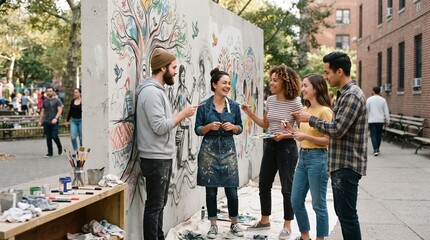 Fototapeta premium Diverse group of young adults painting a mural outdoors