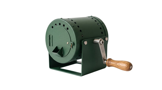 Green Raffle Drum with Wooden Handle and Metal Crank PNG Isolated on transparent background