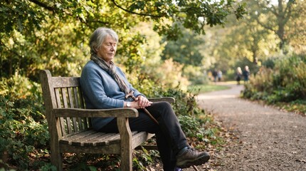 Obraz premium Elderly woman sitting alone on park bench with walking stick in autumn