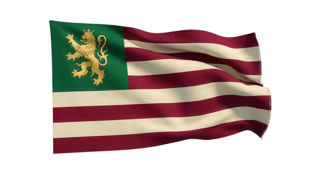 Eine wehende Flagge mit einem goldenen L&ouml;wen auf gr&uuml;nem Feld und rot-wei&szlig;en Streifen, die ein historisches oder regionales Symbol vor einem isolierten wei&szlig;en Hintergrund darstellt.
