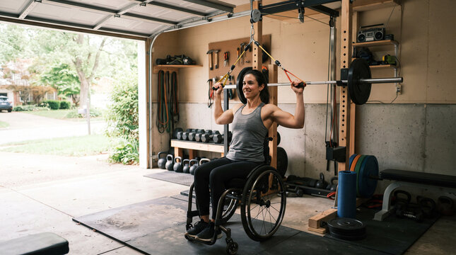 Woman in wheelchair exercising with resistance bands in garage gym