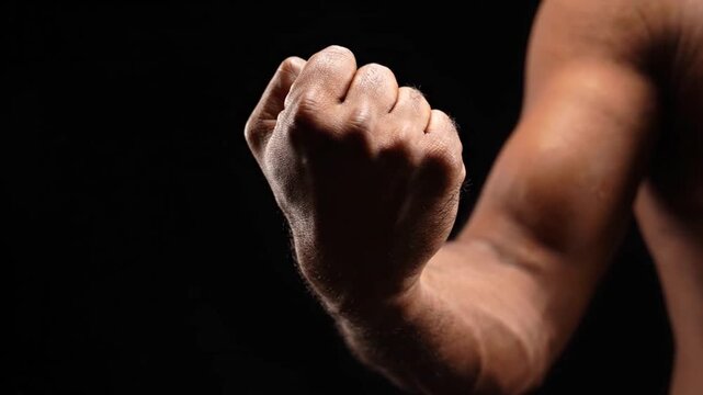 Muscular man flexing bicep with clenched fist on black background.