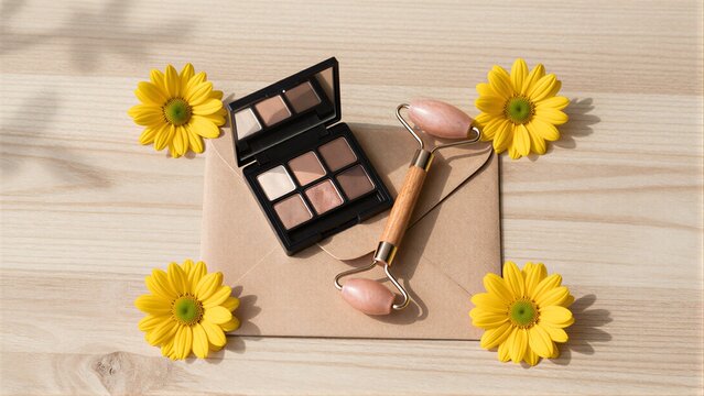 Beauty tools and flowers arranged on wooden surface with warm sunlight.