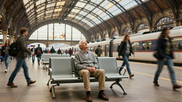 An elderly man sits peacefully in a bustling train station, gazing upward.