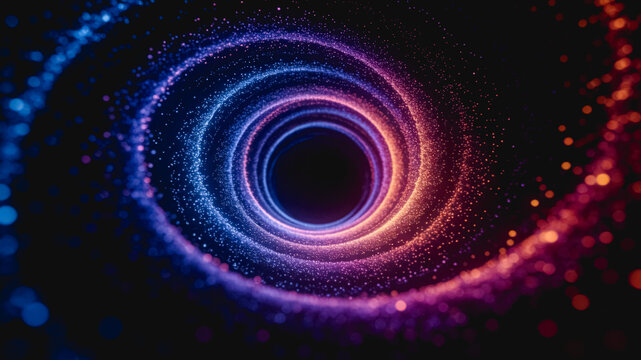 A futuristic abstract tunnel formed by glowing particles, with layered colorful rings and a dark central void, creating a vivid digital visual effect.