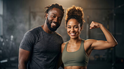 Obraz premium Smiling African American fitness couple posing in modern gym with woman flexing bicep