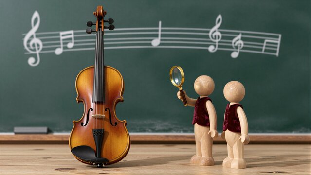 Wooden figures explore music with a violin and sheet notes on chalkboard background.