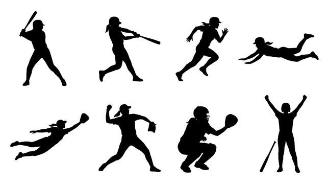 Set of baseball player silhouettes demonstrating batting pitching running sliding catching and celebrating poses for sports apparel branding or team