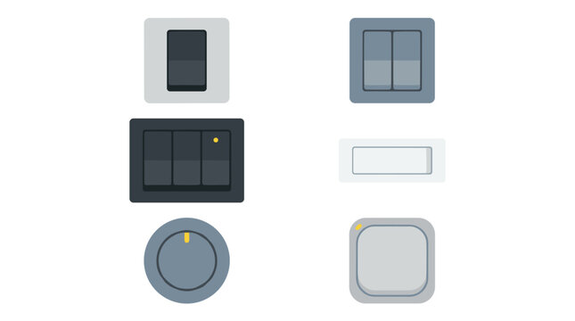 Set of electrical wall switches and sockets, various home light control hardware, power supply interface, domestic automation components