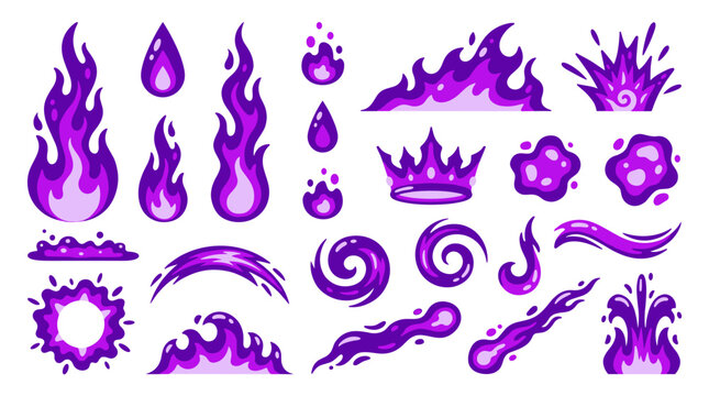 Set of isolated violet magical fire flame elements, swirling energy bursts, mystical aura effects, gaming combat visual assets, vector illustration