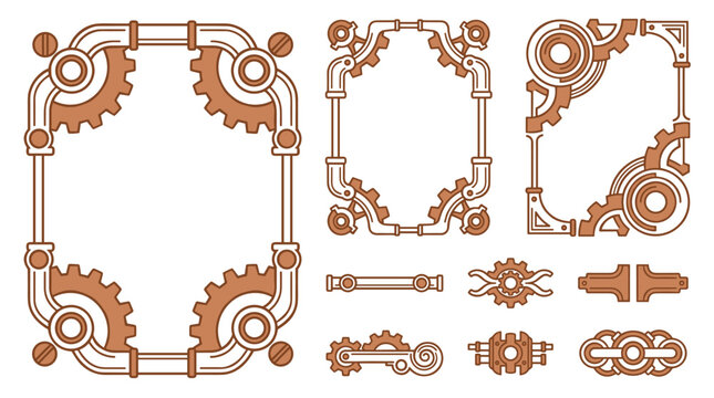 Set of decorative steampunk frames and borders with mechanical gears and piping, industrial ornament elements for page layouts and invitations