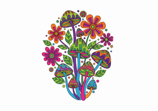 Colorful Psychedelic Mushrooms and Flowers Illustration