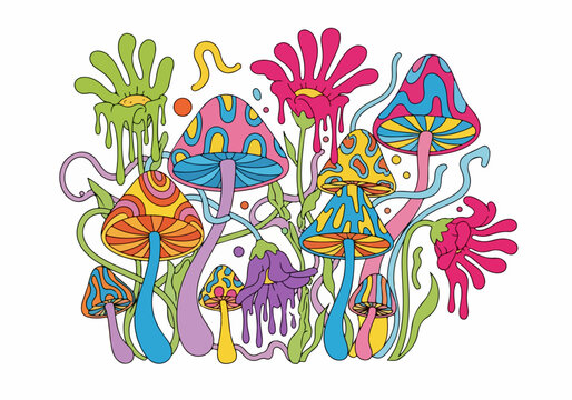 Colorful Psychedelic Mushroom Garden Illustration