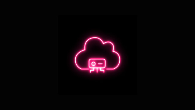 Pink Neon Cloud Projector Icon Glowing on Black Background for Wireless Media and Streaming Presentations