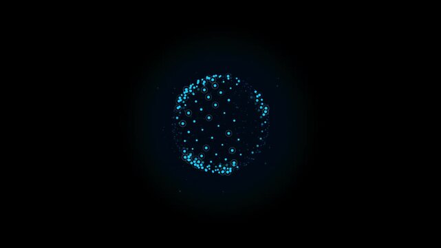 Futuristic blue particle sphere animation with glowing nodes and floating digital dots forming a dynamic spherical network on a dark background.