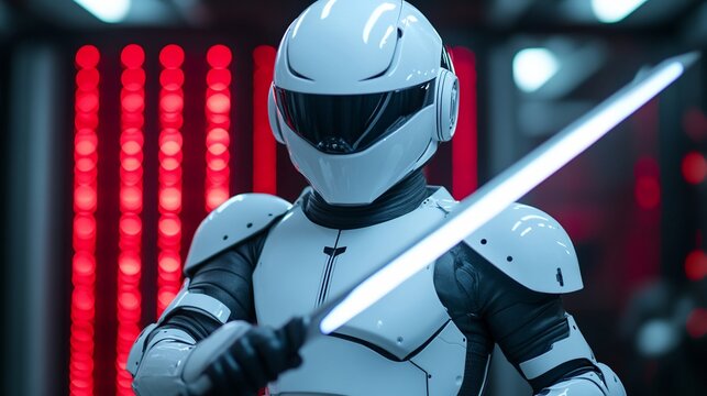 Futuristic Soldier wields glowing sword in corridor with blurred red lights backdrop