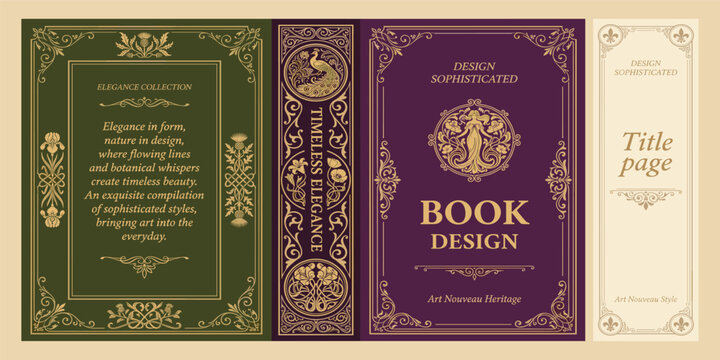 Classic vintage book cover and spine with gold and black art deco, art nouveau ornament, decorative frame, elegant retro style for classic publications, posters, artistic layouts