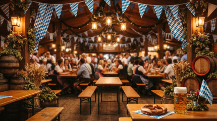 Fototapeta premium Traditional Bavarian beer hall interior with festive decorations and people at tables