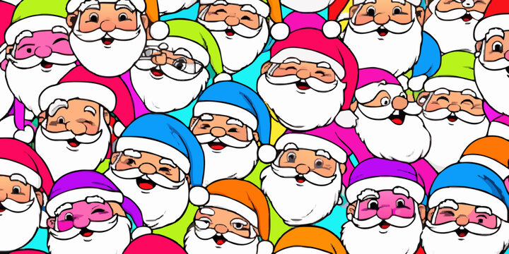 Colorful santa claus pattern features repeating cartoon illustrations