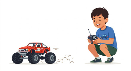 A smiling young boy squatting while operating a remote control for a red monster truck toy © Ziqri