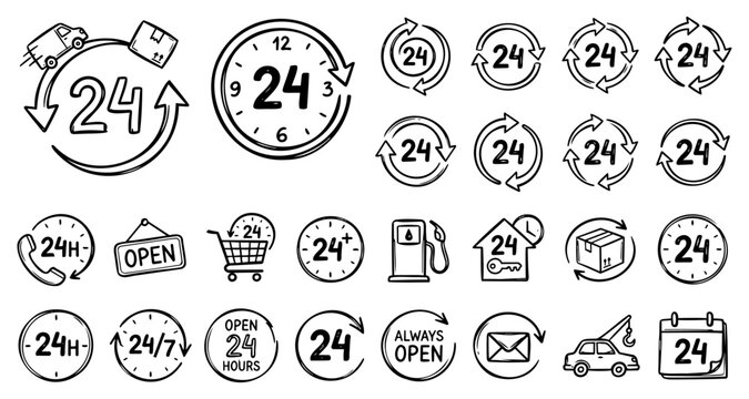 Vector doodle set of 24 hours round the clock service icons.