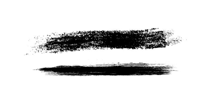 Black ink brush stroke banner set with grunge charcoal texture effect for artistic paint underline design element and dynamic border creation in graphic layouts.