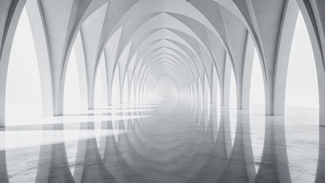 A minimalist symmetrical interior corridor with repeating pointed arches and a highly polished reflective floor, creating a vast, clean architectural space.
