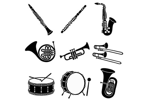 Set of 9 Black Marching Band and Orchestra Instrument Silhouette Icons in 3x3 Grid