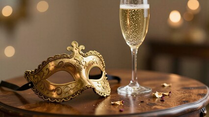 Naklejka premium Golden mask and champagne glass on wooden table with scattered petals.